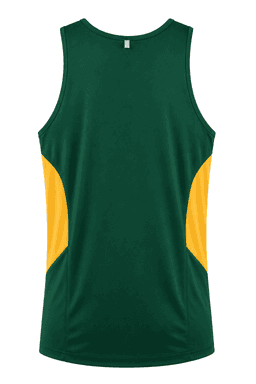 A green singlet with yellow side panels, featuring a logo on the upper back.