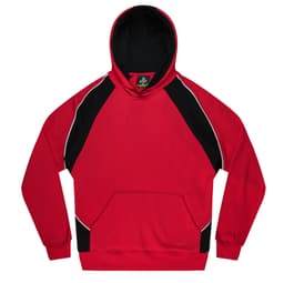 A red and black hoodie featuring a kangaroo pocket and a hood, with contrasting panels and a branding logo.