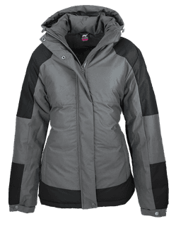 A women's jacket in grey with black accents, featuring a hood and zippered front, with branding.