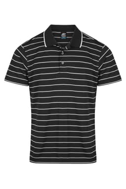 A black and white striped polo shirt with a collar, featuring a logo on the chest.