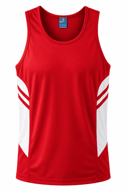 A red singlet featuring white side panels and a logo on the upper part. Suitable for sports or casual wear.