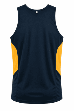 A navy blue singlet with bright yellow side panels and a logo at the back.