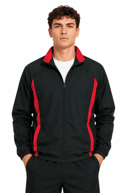 A black track jacket with red stripes, featuring a zip front and a logo on the chest.