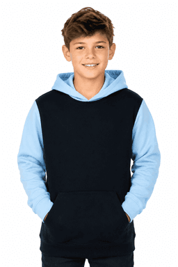 A hoodie featuring a blue front and black sleeves, worn by a smiling boy with hands in pockets.