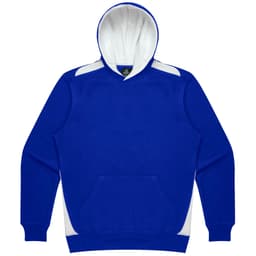 A blue hoodie with a white hood, featuring a front pocket and contrasting panels on the shoulders.