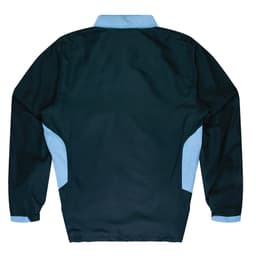A dark green and light blue tracktop featuring a collar and long sleeves, with a logo on the back.