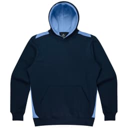 A navy blue hoodie featuring light blue accents and a front pocket, with a hood and a logo present.