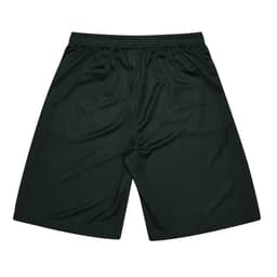 Sports shorts for kids in dark green, featuring an elastic waistband and a simple design. Contains a logo.