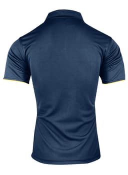 A navy blue polo shirt featuring a contrasting trim, with a branded logo on the back.