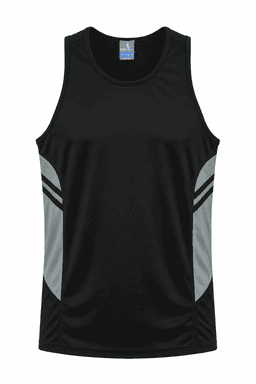 A black singlet featuring grey accents on the sides and a logo on the collar.