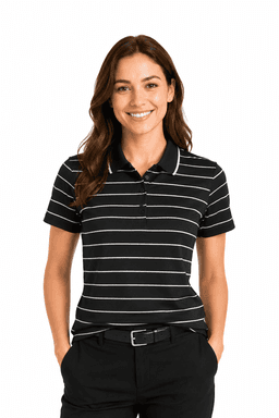 A woman wearing a black and white striped polo shirt, featuring a collar and short sleeves. The shirt has a logo on it.