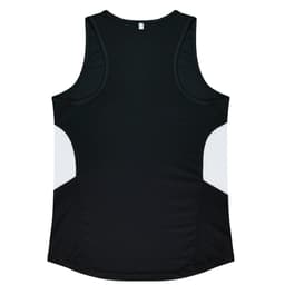 A black women's singlet with white side panels and a logo. The design is sporty and sleek.