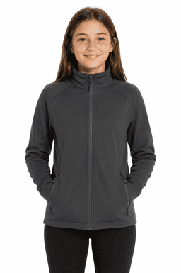 A soft shell jacket in dark grey, featuring a front zipper and side pockets, designed for kids.