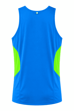 A vibrant blue singlet featuring bright green side panels and a logo. Ideal for active wear.