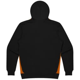 A black hoodie with orange side panels and a hood. The back view shows a smooth, unadorned surface.