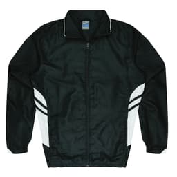 A black tracktop featuring white stripe details, with a zip front and a collar. It has a branding logo.