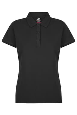 A black polo shirt for women with a collared neckline and three buttons, featuring a logo on the inside.