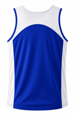A blue and white men's singlet featuring a logo, with a curved design on the back.
