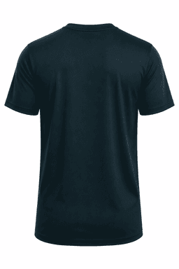 A black t-shirt with a round neckline and short sleeves. The back view is displayed, featuring a logo.