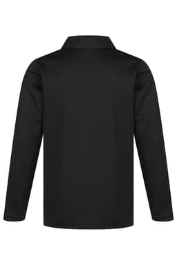 A black long-sleeved polo shirt with a collar, featuring a logo on the front.