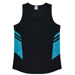A black singlet featuring blue side panels and a logo on the upper centre.