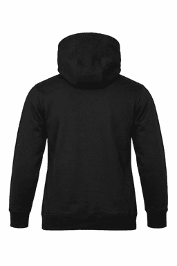 A black men's hoodie featuring a kangaroo pocket and an adjustable hood, with visible branding on the back.
