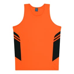 An orange singlet featuring black side panels and a logo on the front. Ideal for kids' casual wear.