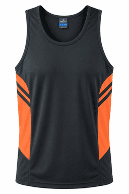 A black singlet with orange accents and a logo. Ideal for active wear or casual use.