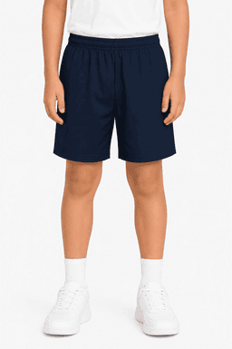 Navy school kids' sports shorts with an elastic waistband, modelled by a child wearing white shoes.