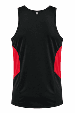 A black singlet with red side panels and a logo on the back. It features a smooth, athletic design.