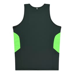 A dark green singlet with bright green side panels and a logo on the back.