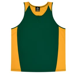 A green and gold singlet with contrasting panels, featuring a logo at the neckline.