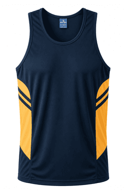 A navy blue singlet featuring orange side panels and a logo on the upper section.