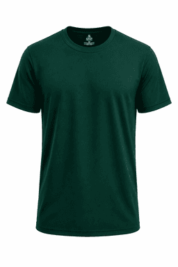 A dark green T-shirt with a crew neckline, featuring a logo on the chest area.