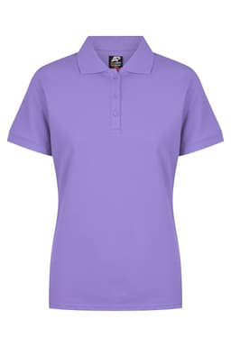 A purple polo shirt with a collar and short sleeves, featuring a branded tag.