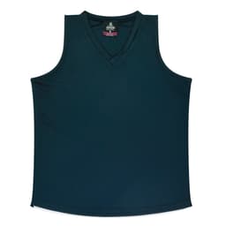 A dark green singlet with a V-neck design. Features stitching details and has a branding logo.
