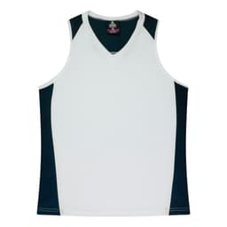 A sleeveless singlet featuring a white body and navy blue side panels, with a logo at the neckline.