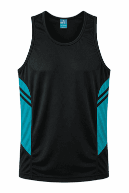 A black singlet with teal side panels and a branded logo. Suitable for men's sportswear.