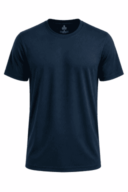 A navy blue t-shirt featuring short sleeves and a logo on the chest area.