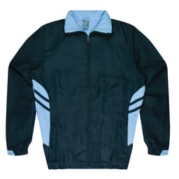A dark green tracktop with light blue accents and stripes, featuring a zip front and a collar.