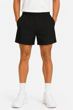 Black sports shorts with an elastic waistband, featuring a logo, designed for men's training.