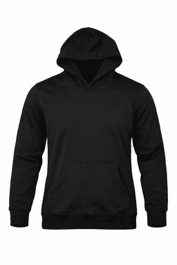 A black hoodie featuring a front pocket and a lined hood, with a subtle logo present.