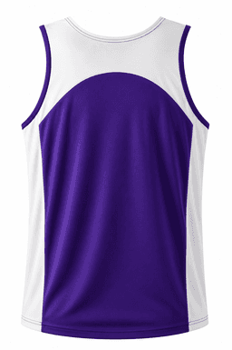 A men's singlet in purple with white accents and a logo on the side.