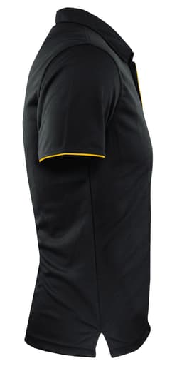 A black polo shirt with yellow tipping, featuring a side view and a collar. The shirt has a logo on it.