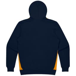 A navy hoodie featuring yellow accents on the sides. It has a hood and long sleeves.