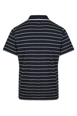 A navy blue polo shirt with white stripes and a collar, featuring a logo on the side.
