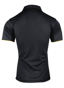 A black polo shirt with short sleeves featuring a contrasting trim and a logo on the front.