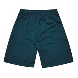 Dark green kids' sports shorts with an elastic waistband and a smooth fabric finish. Features a logo.
