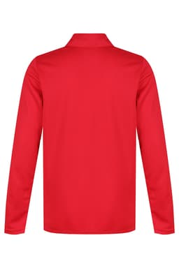 A red polo shirt with long sleeves and a collar, featuring a logo on the back.