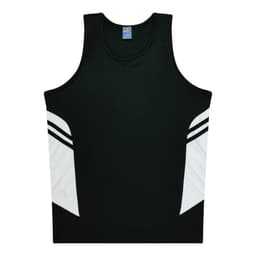 A black singlet with white accents and a logo on the front. It features a sleeveless design.